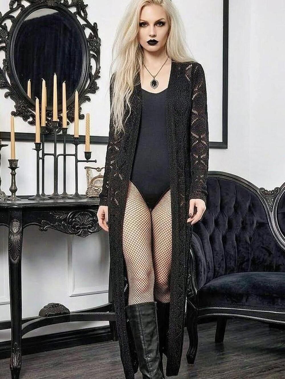 Olivia Sky Black crochet Black Pointelle Long Duster Cardigan